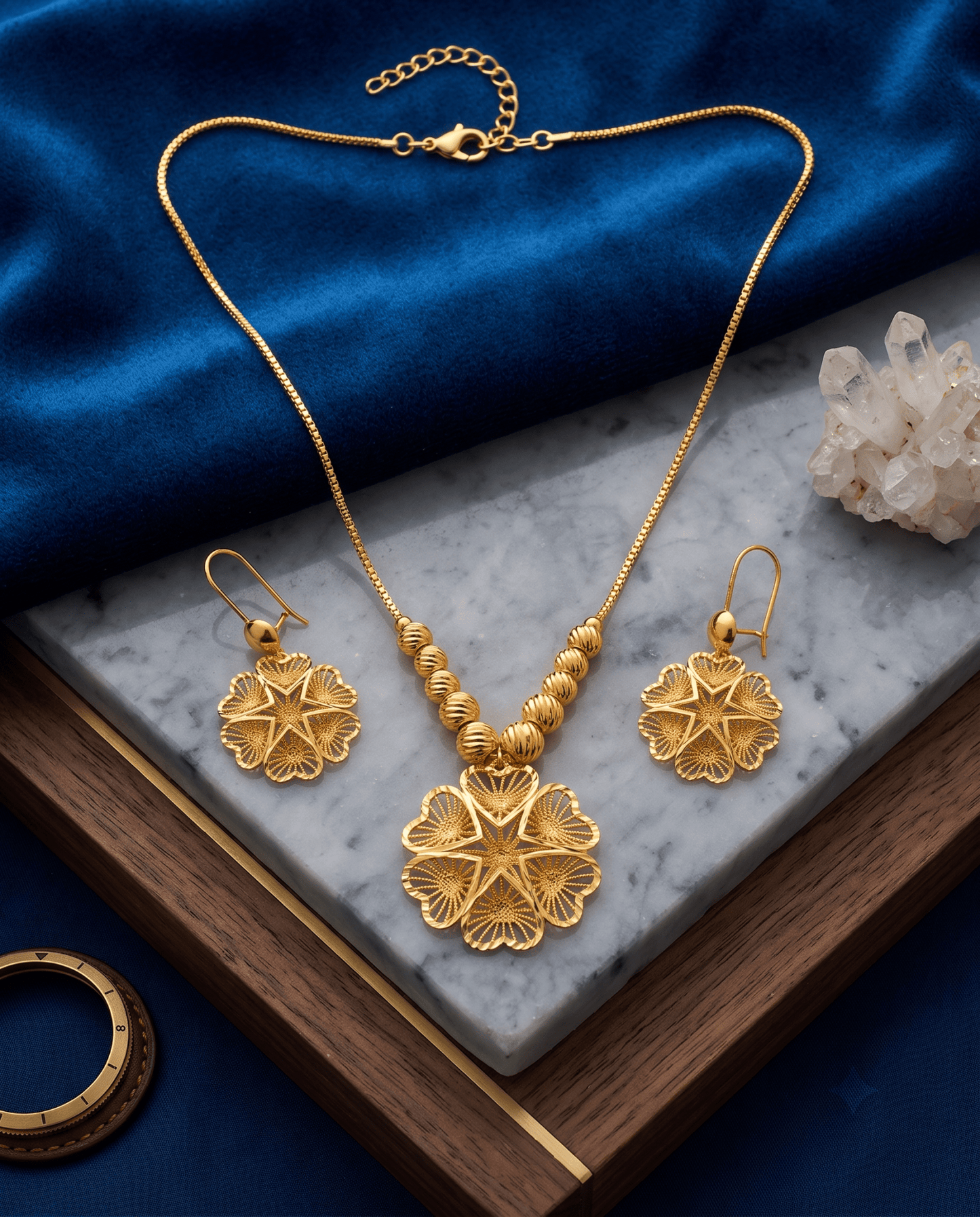 Gold Filigree Flower Pendant Necklace & Earrings Set - Temple-Inspired Jewellery