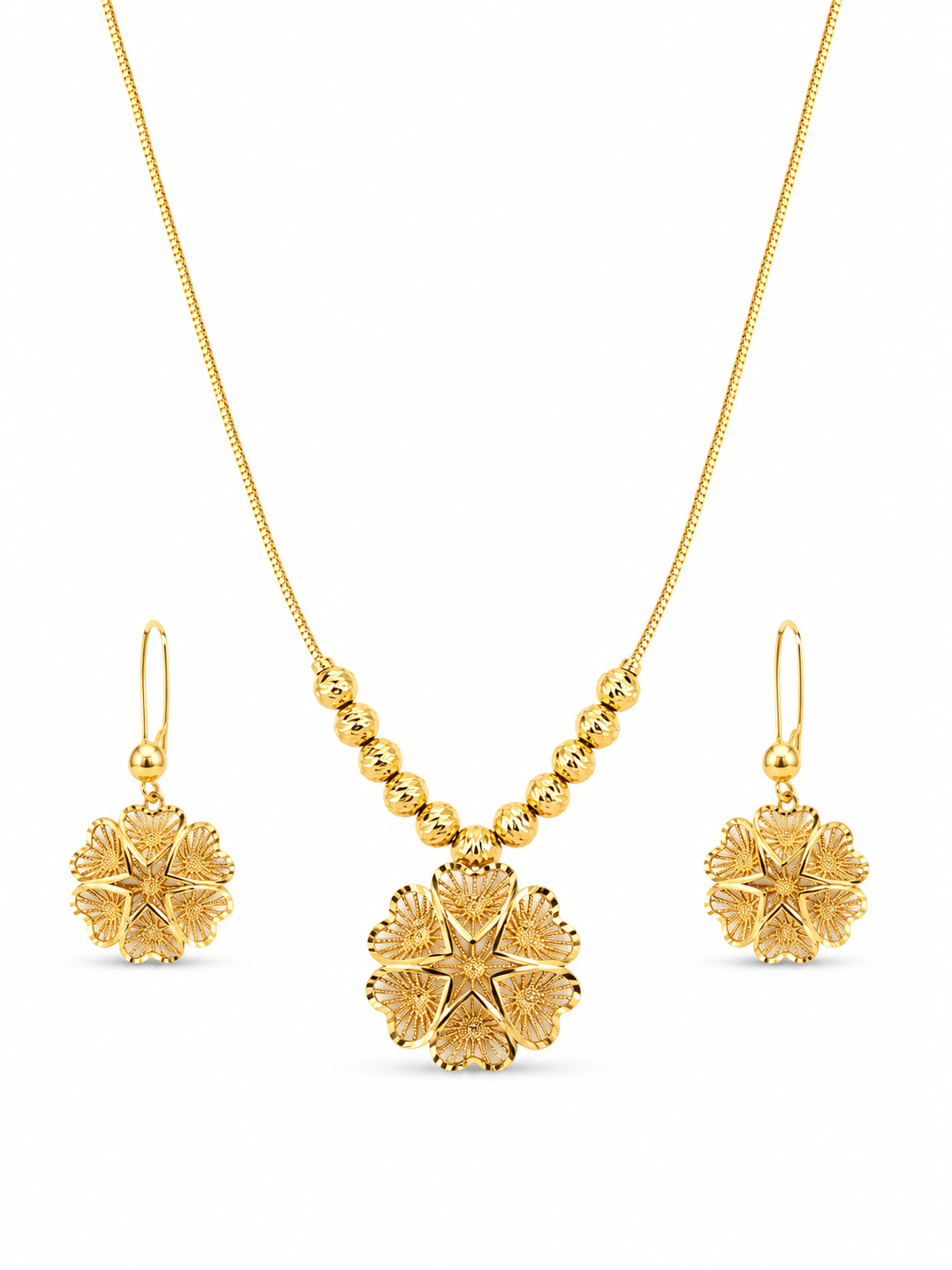 Gold Filigree Flower Pendant Necklace & Earrings Set - Temple-Inspired Jewellery