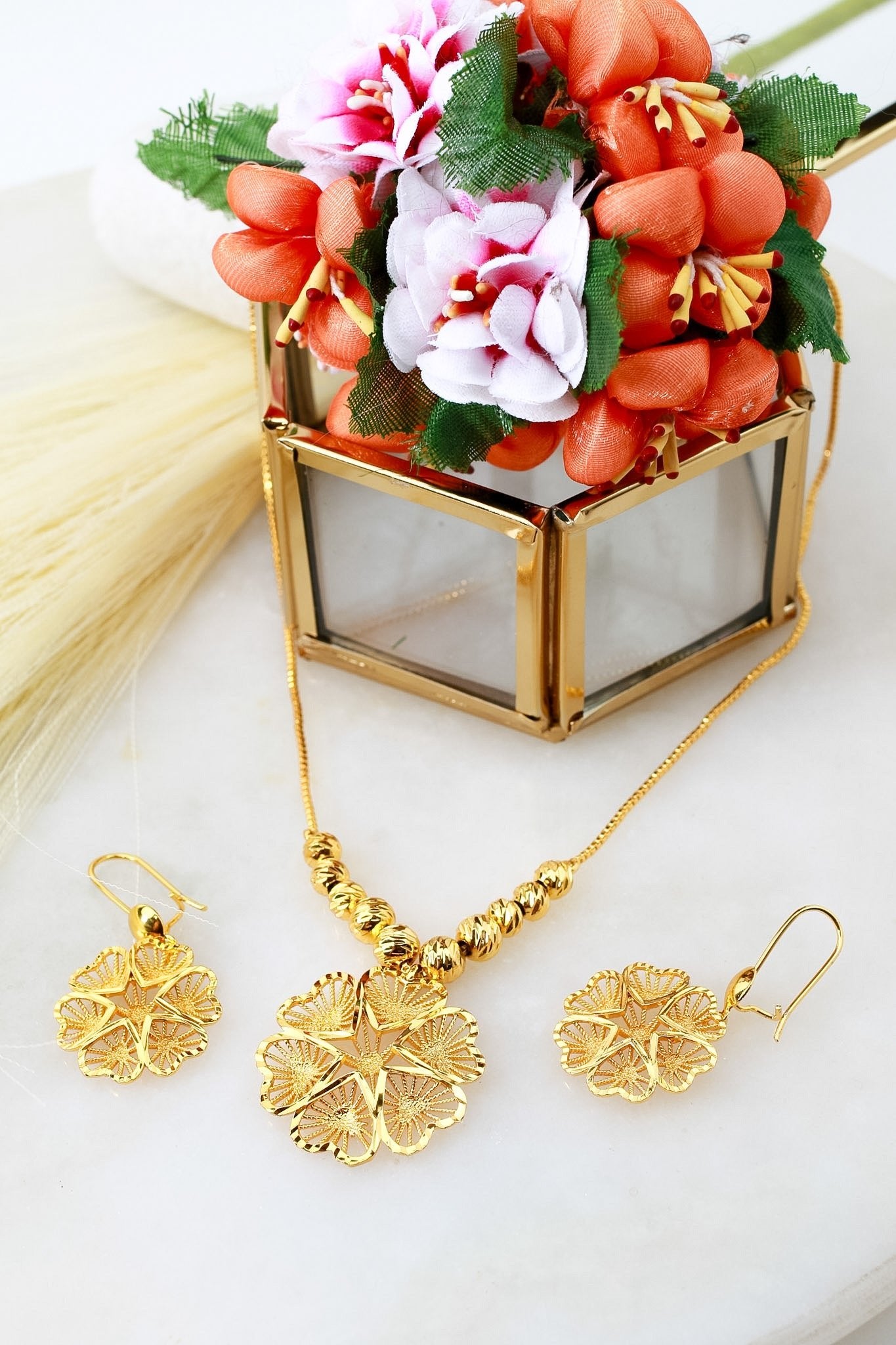 Gold Filigree Flower Pendant Necklace & Earrings Set - Temple-Inspired Jewellery