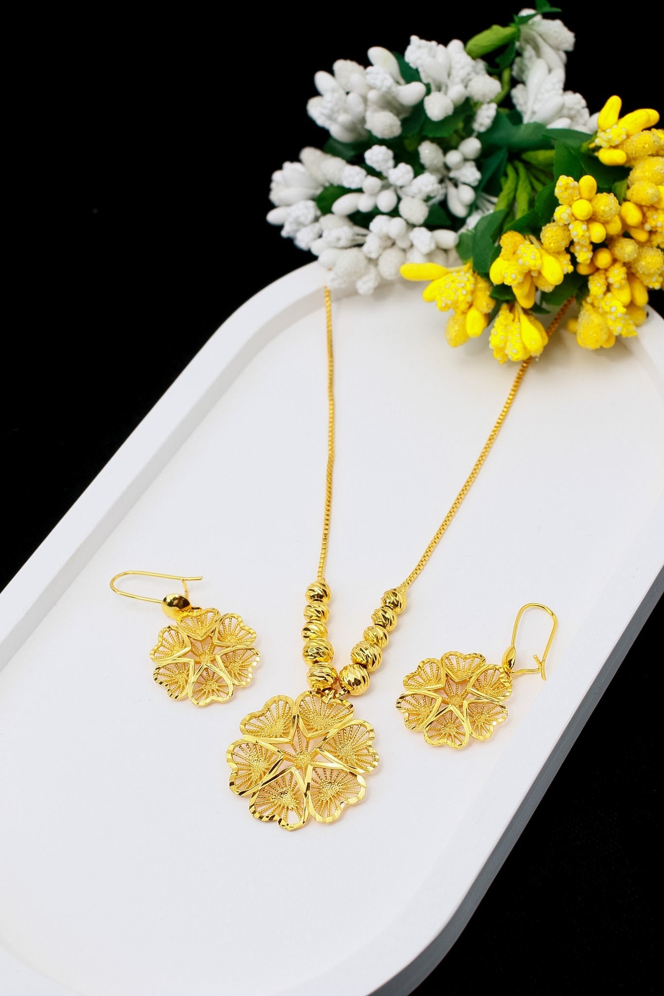 Gold Filigree Flower Pendant Necklace & Earrings Set - Temple-Inspired Jewellery