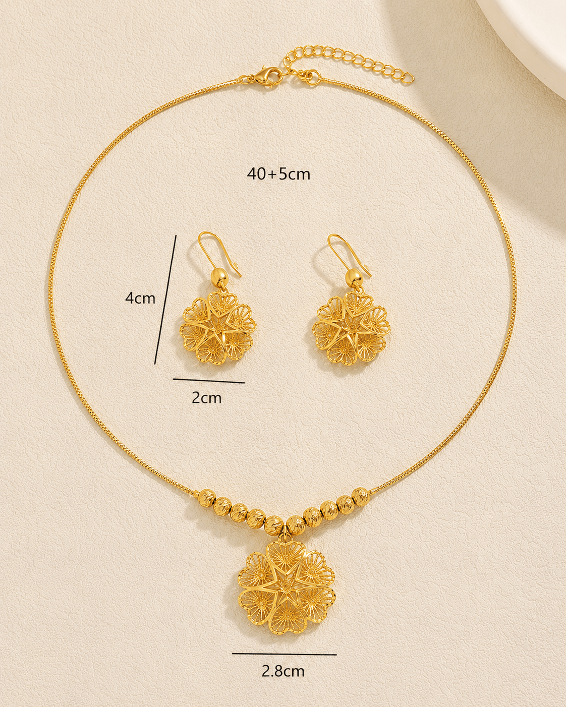 Gold Filigree Flower Pendant Necklace & Earrings Set - Temple-Inspired Jewellery