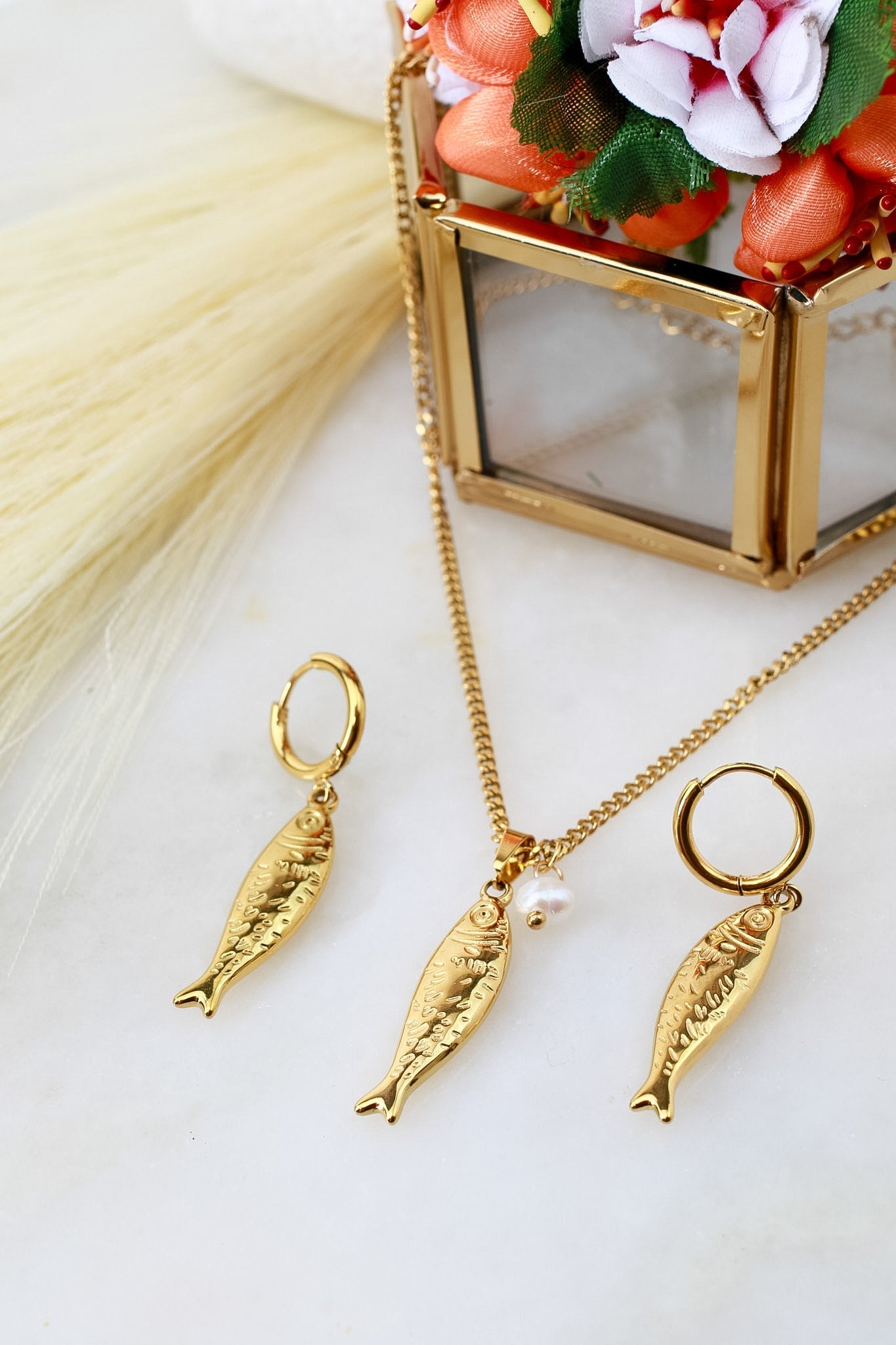 Gold Fish Pendant Necklace & Earrings Set - Curb Chain Stainless Steel Jewellery