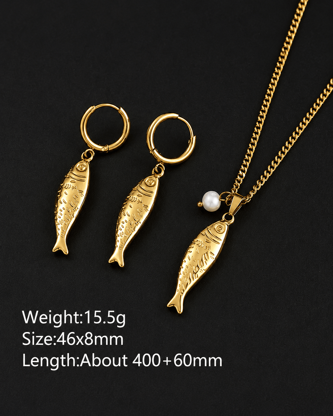 Gold Fish Pendant Necklace & Earrings Set - Curb Chain Stainless Steel Jewellery