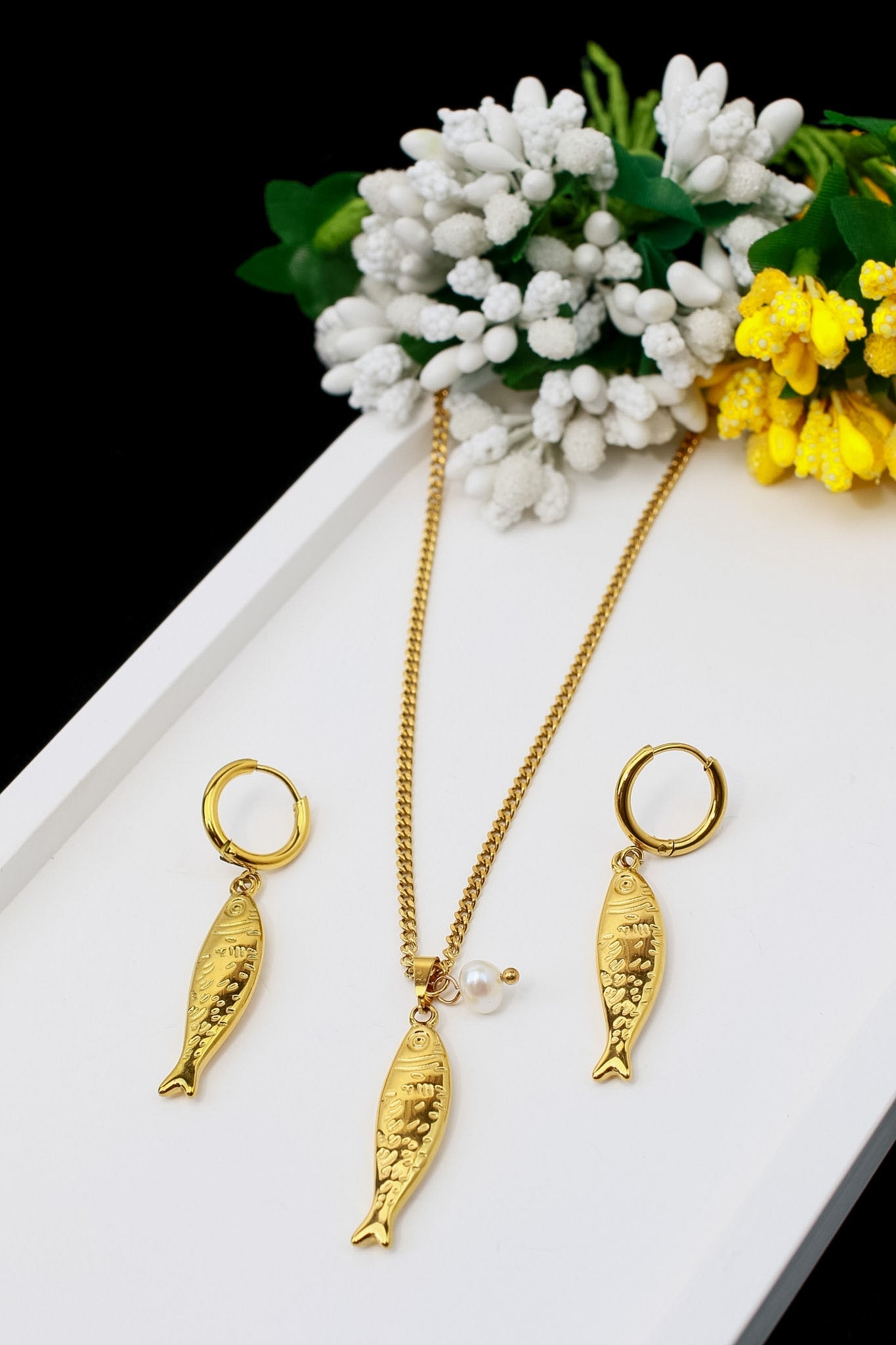Gold Fish Pendant Necklace & Earrings Set - Curb Chain Stainless Steel Jewellery