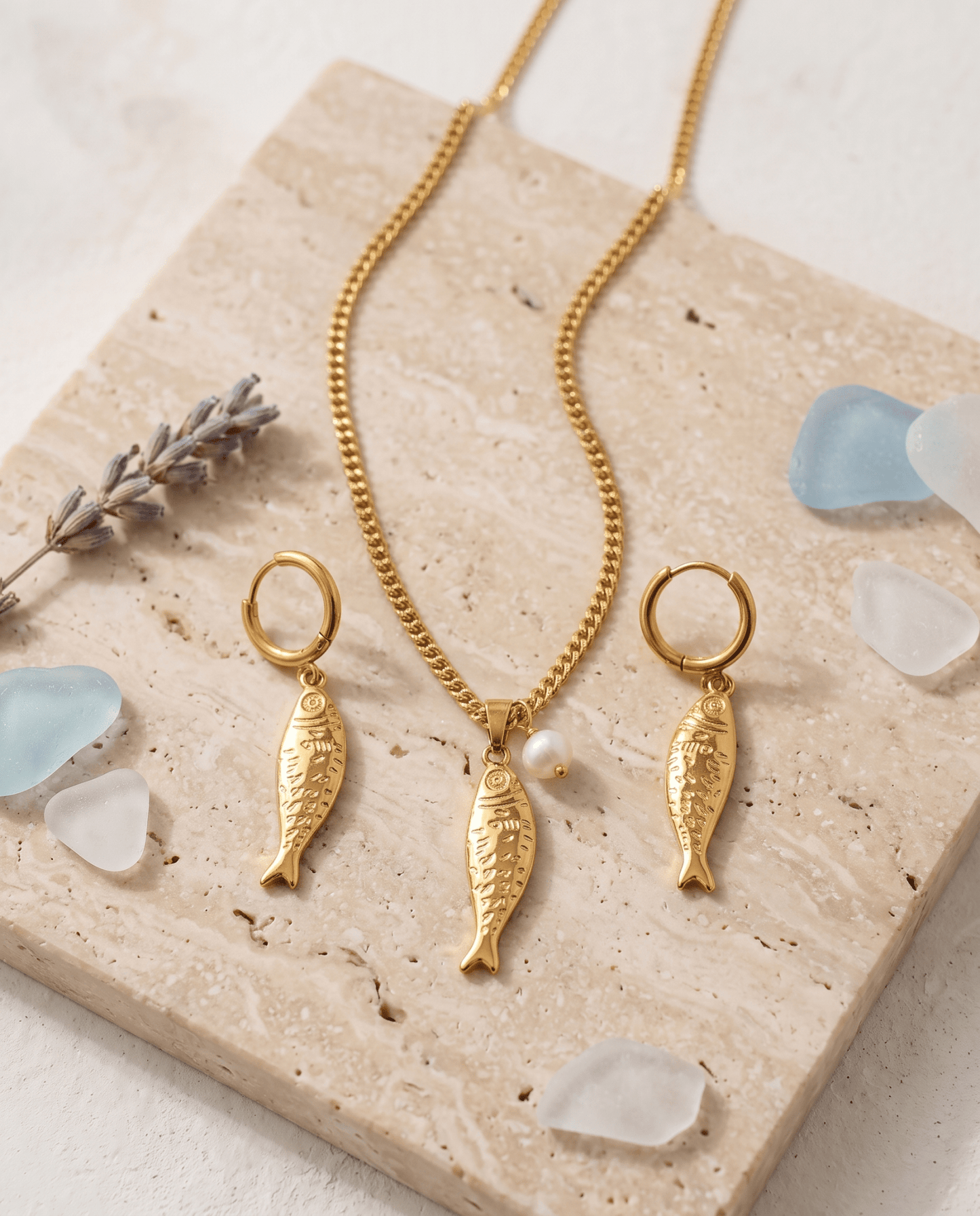 Gold Fish Pendant Necklace & Earrings Set - Curb Chain Stainless Steel Jewellery
