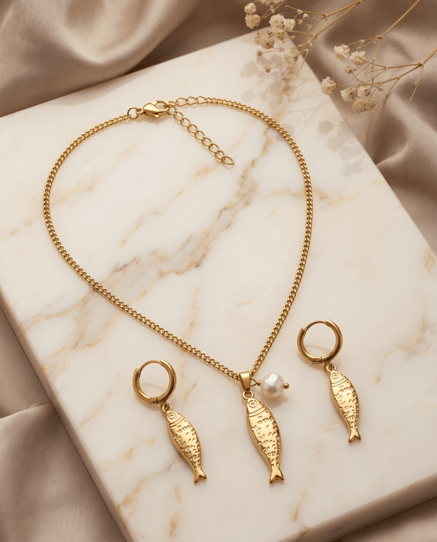 Gold Fish Pendant Necklace & Earrings Set - Curb Chain Stainless Steel Jewellery
