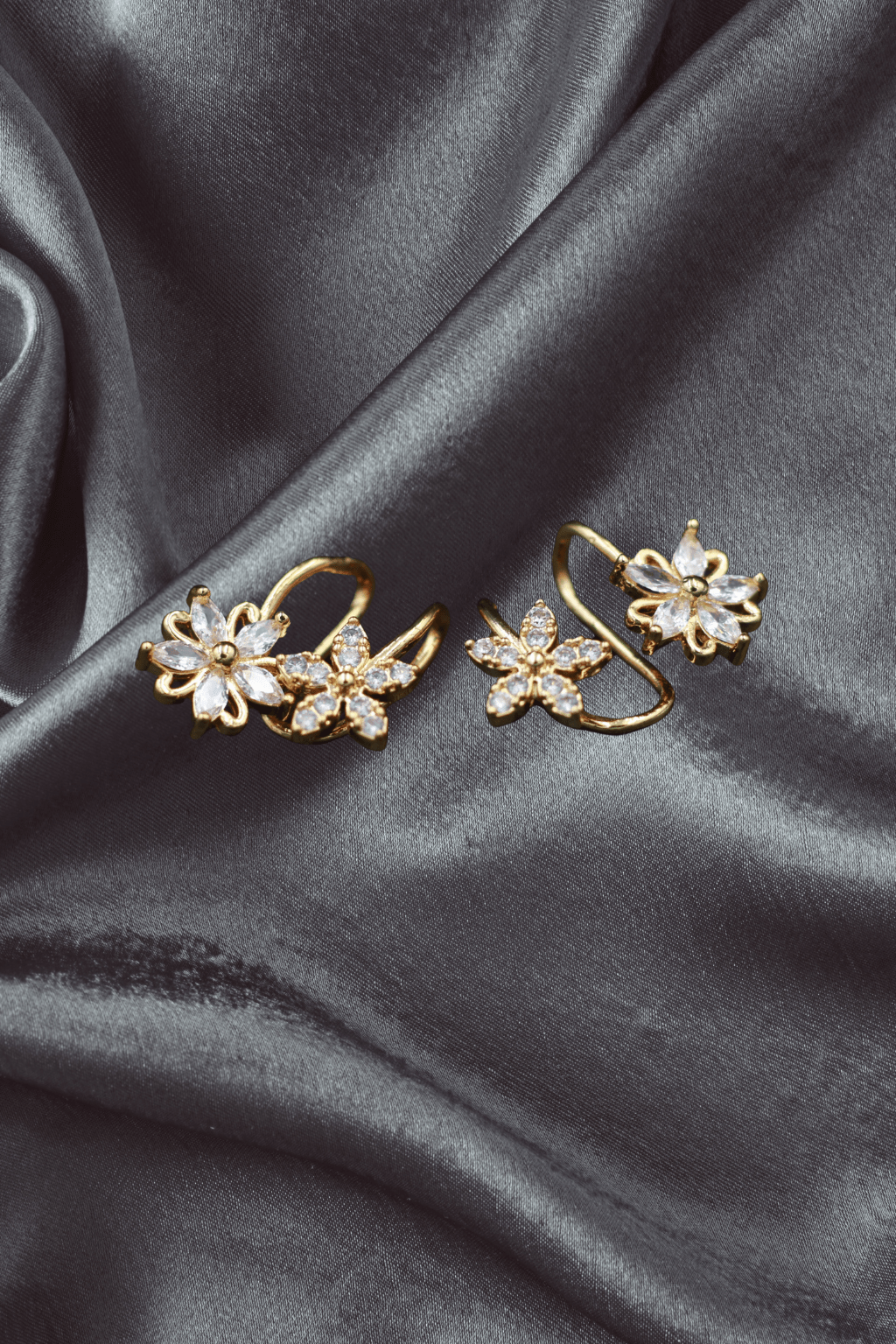 Gold Floral Clip - On Earrings with Dual Flower Design – Elegant Non - Pierced Ear Accessory - Maxiblink