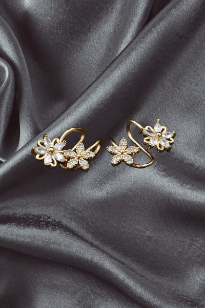 Gold Floral Clip - On Earrings with Dual Flower Design – Elegant Non - Pierced Ear Accessory - Maxiblink