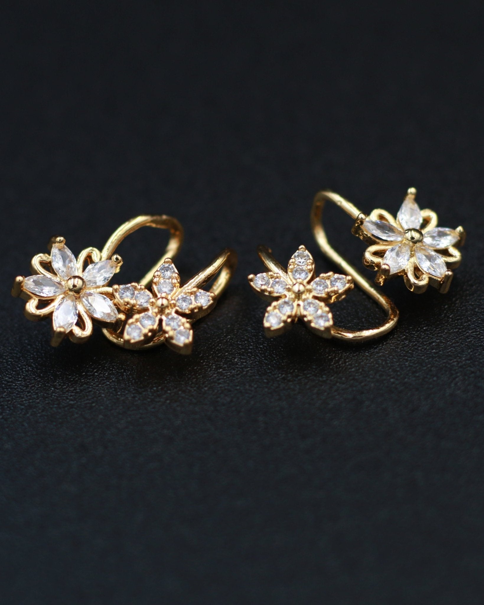 Gold Floral Clip - On Earrings with Dual Flower Design – Elegant Non - Pierced Ear Accessory - Maxiblink