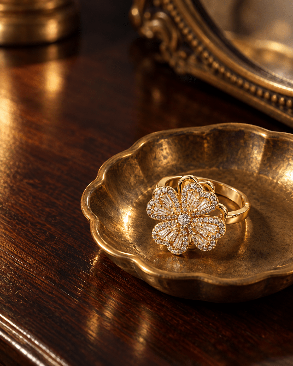 Gold Heart Petal Flower Spinner Ring with Baguette CZ - Maxiblink
