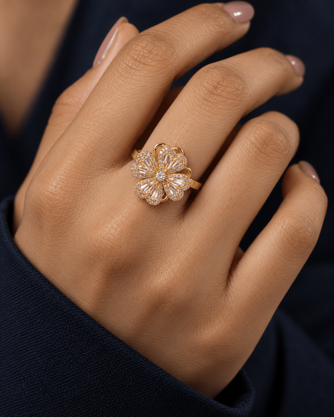 Gold Heart Petal Flower Spinner Ring with Baguette CZ - Maxiblink