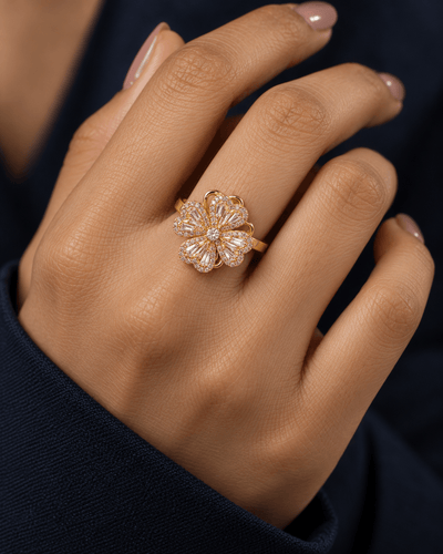 Gold Heart Petal Flower Spinner Ring with Baguette CZ - Maxiblink