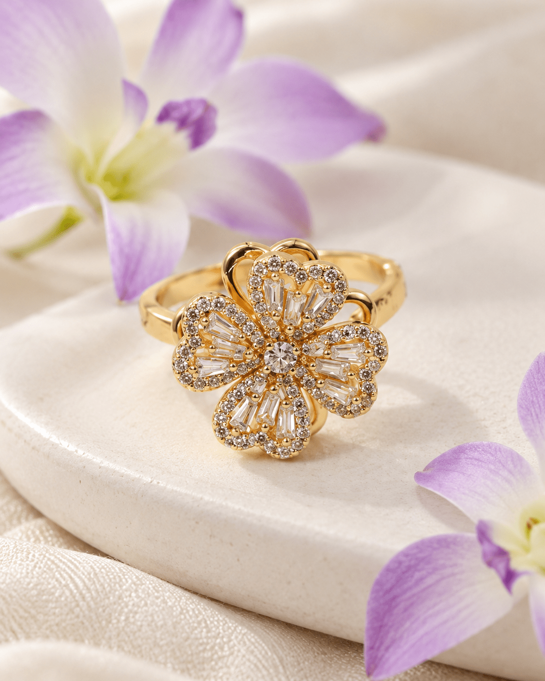 Gold Heart Petal Flower Spinner Ring with Baguette CZ - Maxiblink