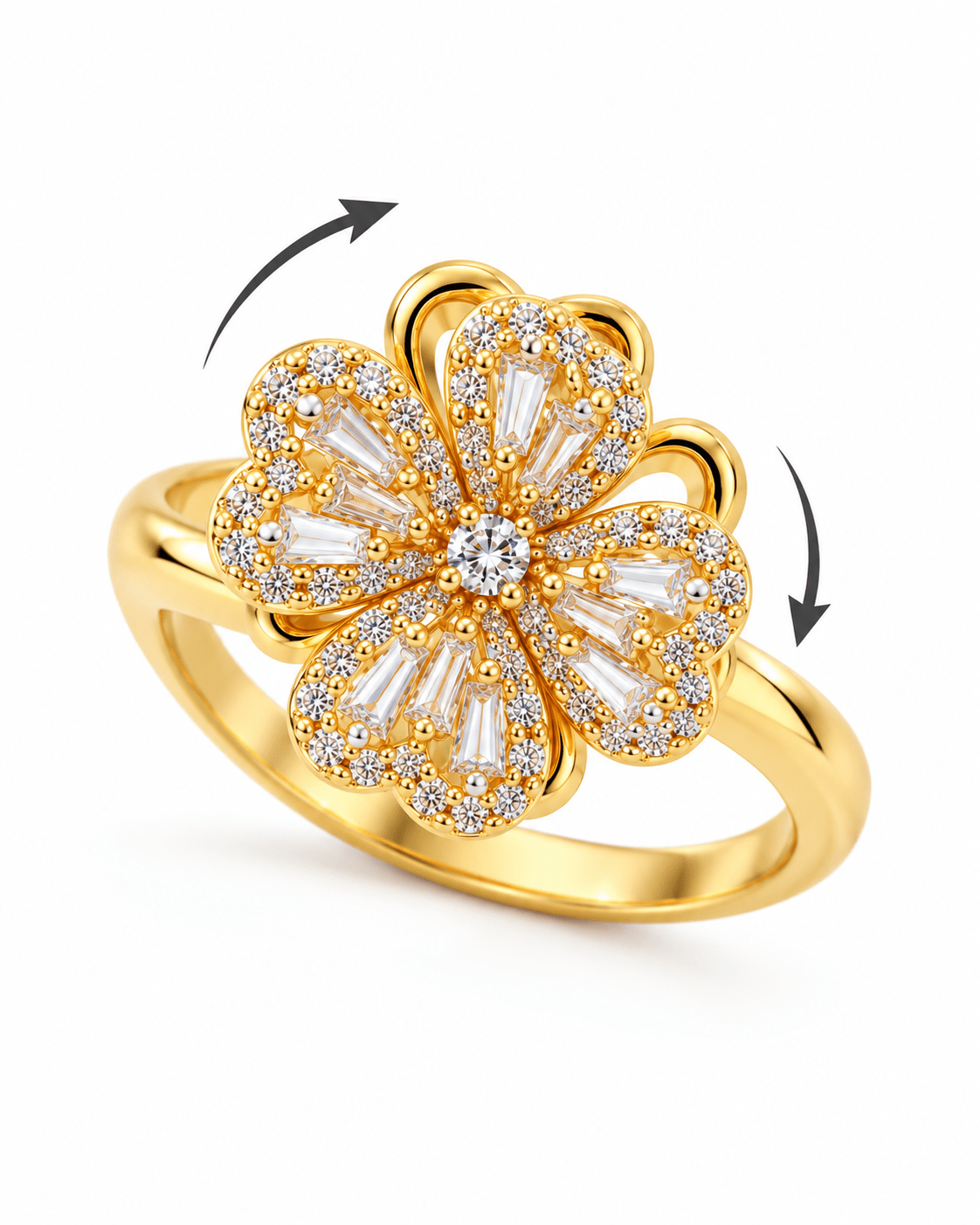 Gold Heart Petal Flower Spinner Ring with Baguette CZ - Maxiblink