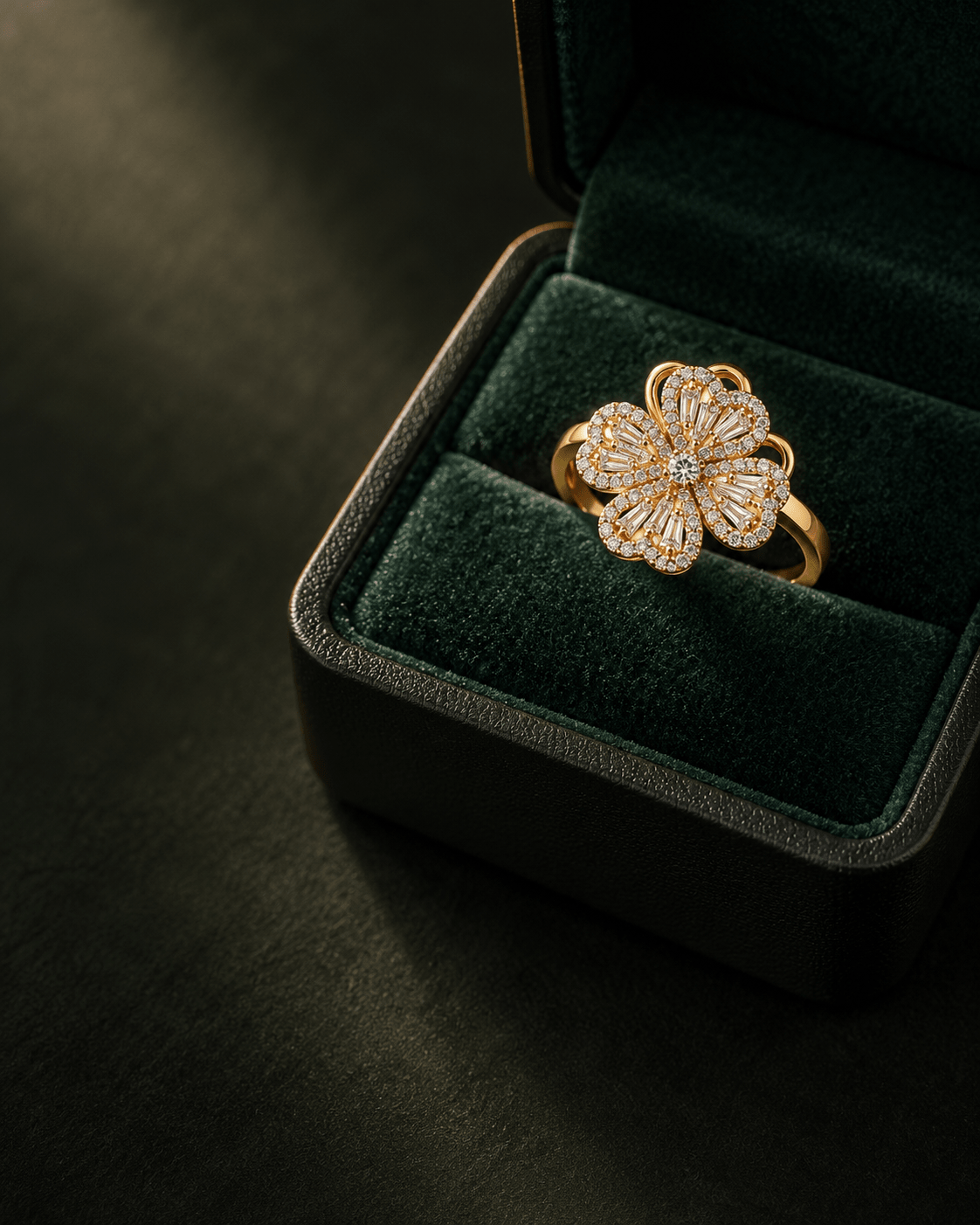 Gold Heart Petal Flower Spinner Ring with Baguette CZ - Maxiblink