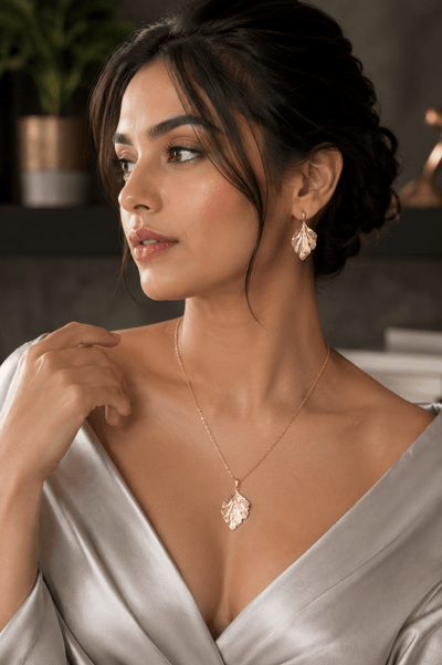 Gold Leaf Pendant Necklace & Stud Earrings Set – 18K Gold Plated - Maxiblink