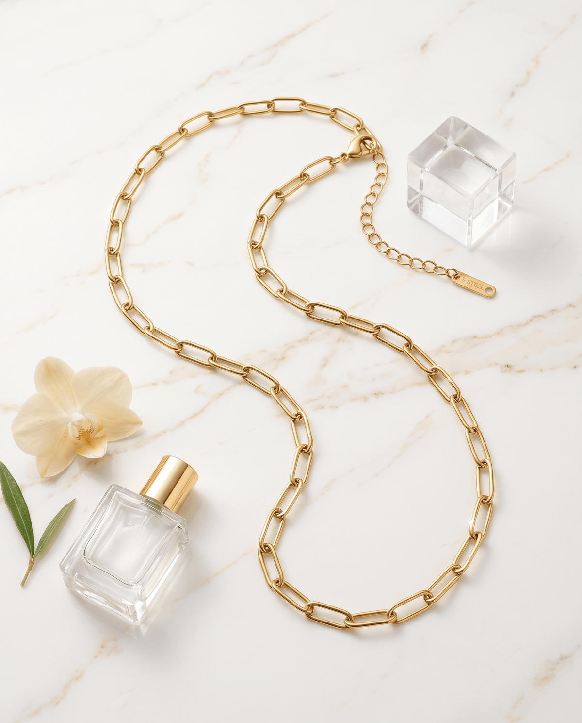Gold paperclip chain necklace, 18K gold plated – worn styled shot