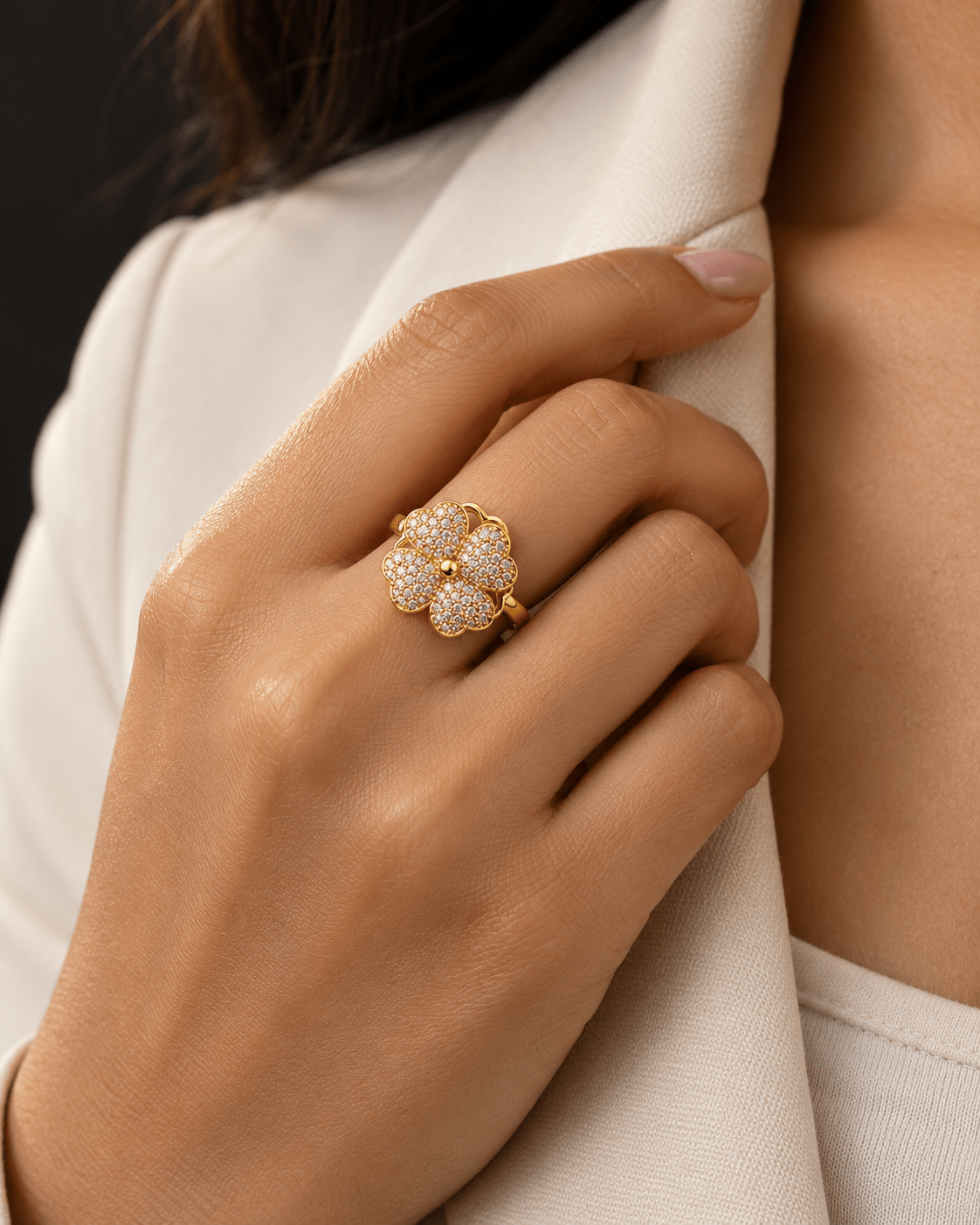 Gold Pavé Four-Leaf Clover Spinner Ring - Maxiblink