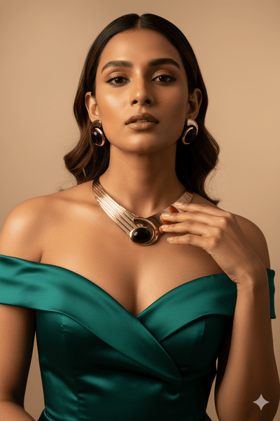 Gold Plated Asymmetrical Collar Necklace Set with Black Oval Stones & Matching Earrings | Anti‑Tarnish - Maxiblink