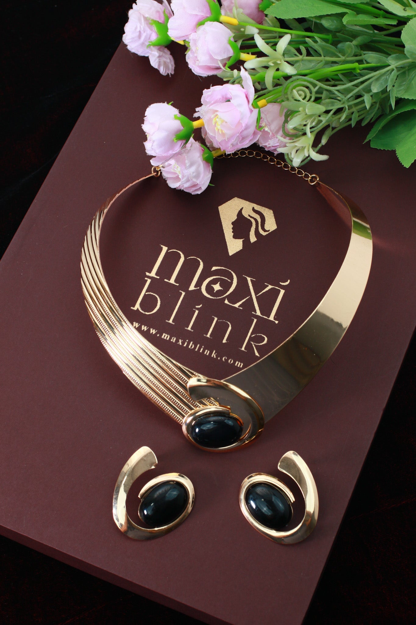 Gold Plated Asymmetrical Collar Necklace Set with Black Oval Stones & Matching Earrings | Anti‑Tarnish - Maxiblink
