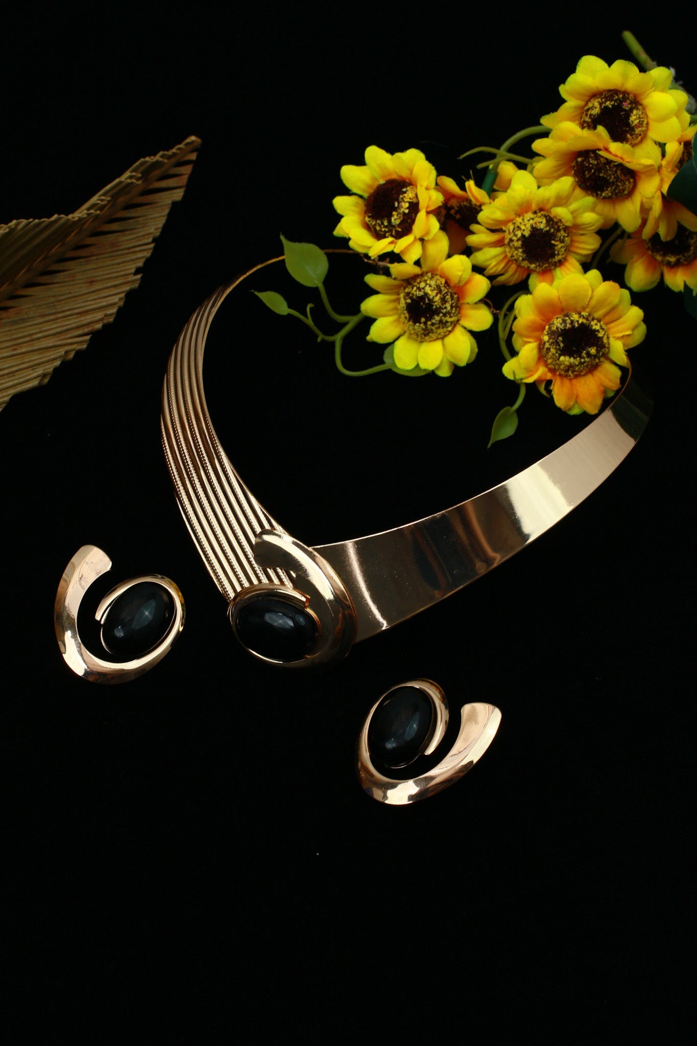 Gold Plated Asymmetrical Collar Necklace Set with Black Oval Stones & Matching Earrings | Anti‑Tarnish - Maxiblink