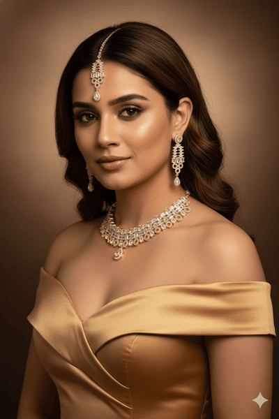 Gold - Plated Crystal Bridal Choker Set with Maang Tikka - Maxiblink