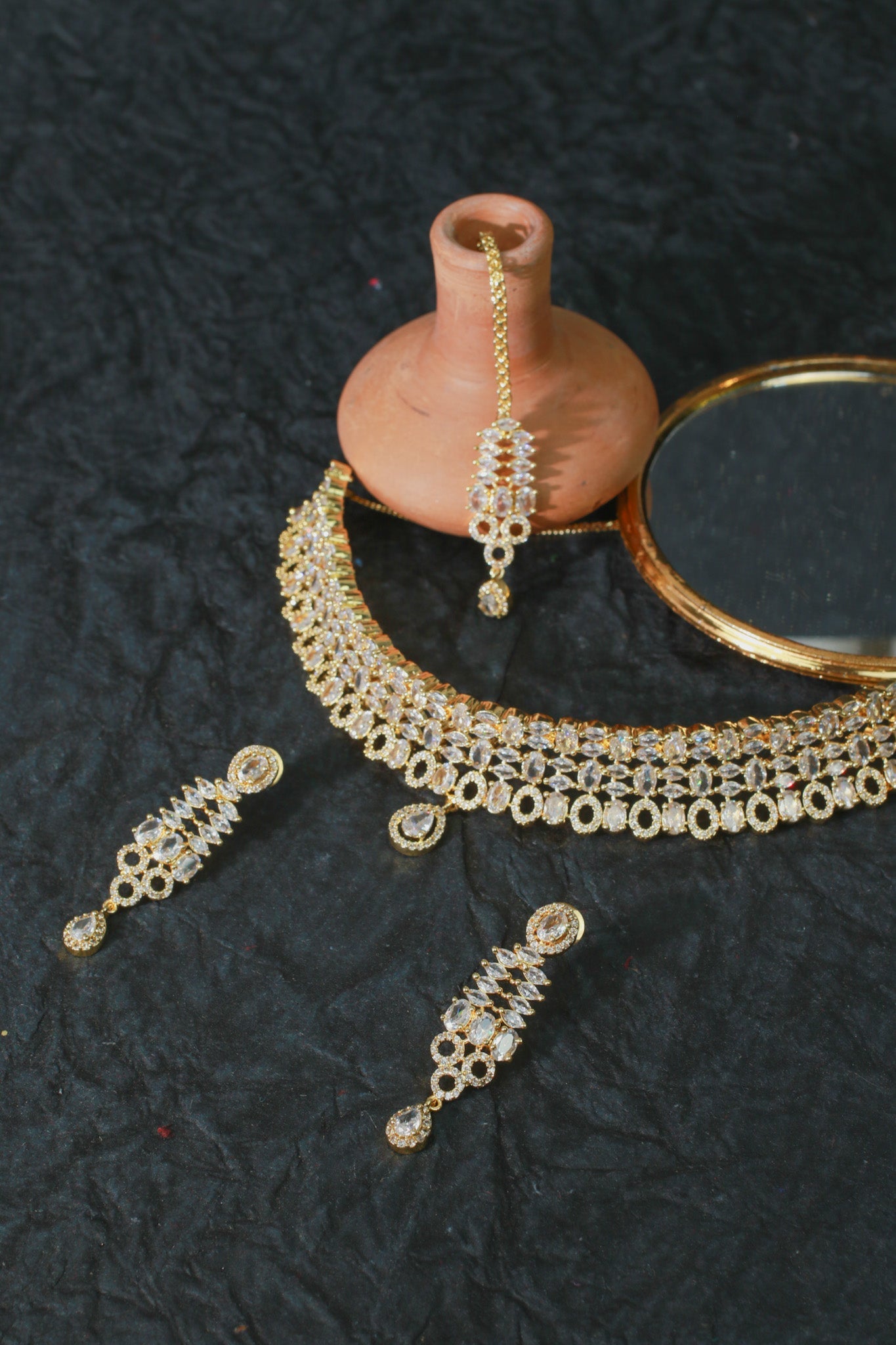 Gold - Plated Crystal Bridal Choker Set with Maang Tikka - Maxiblink