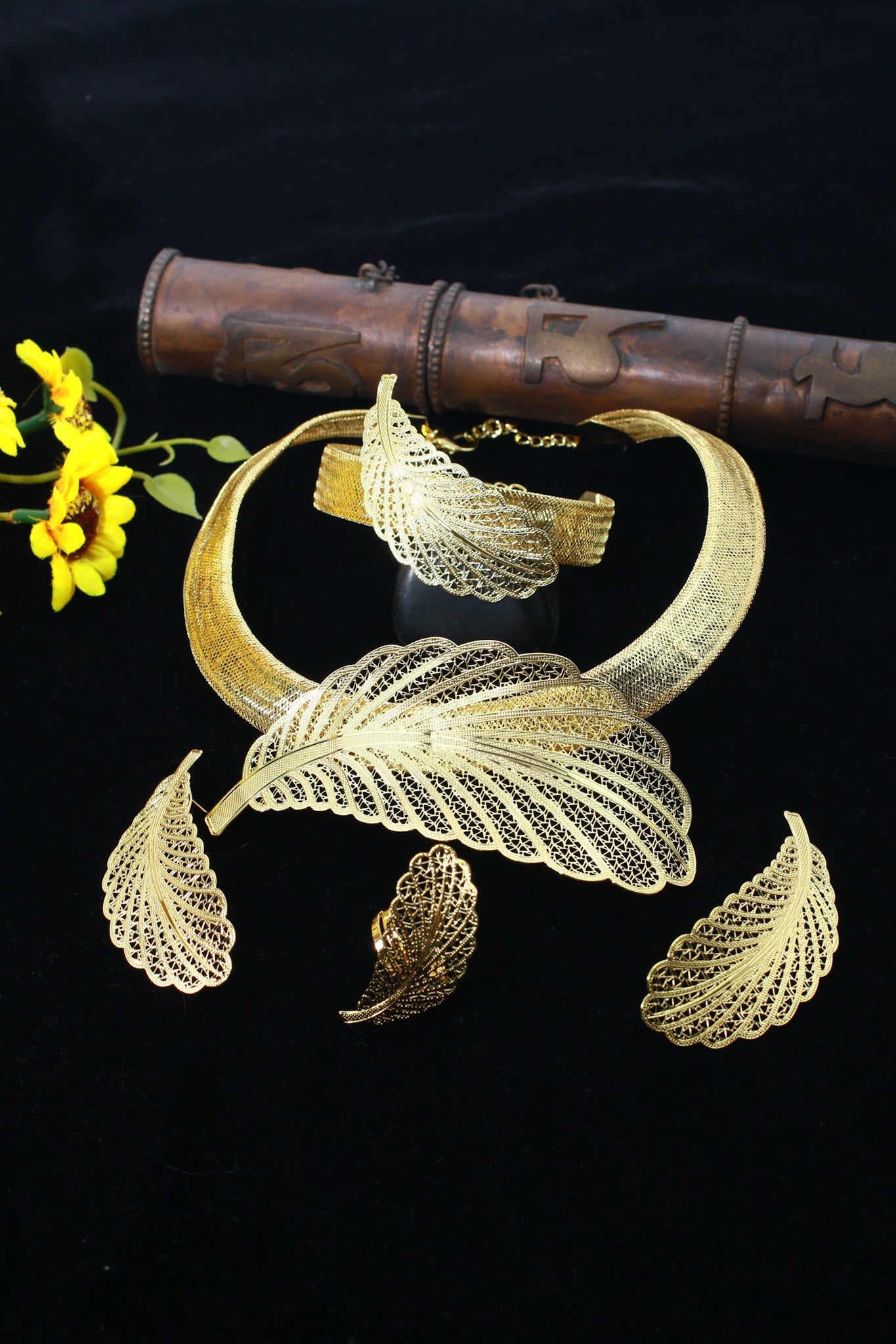Gold Plated Feather Motif Bridal Jewellery Set with AD Accents (Necklace, Earrings, Bracelet, Ring) | Anti‑Tarnish - Maxiblink