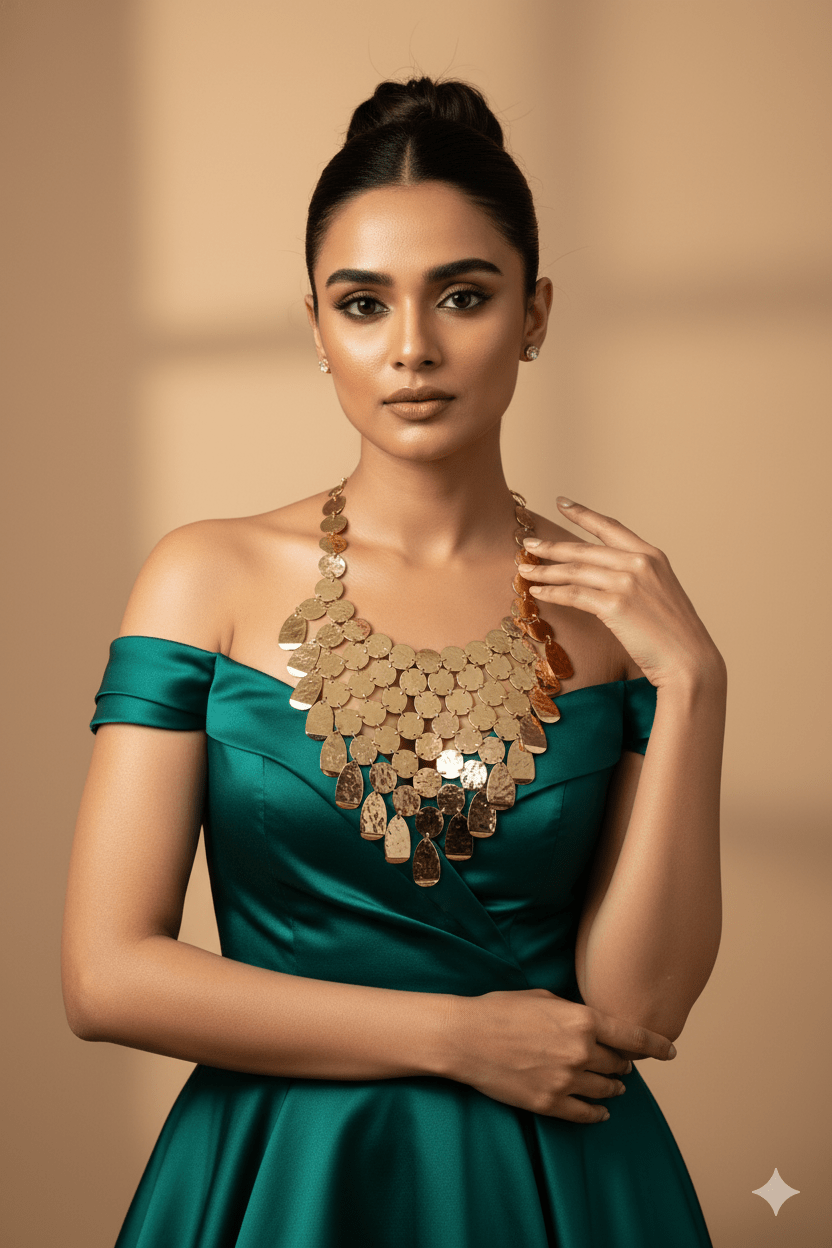 Gold Plated Hammered Coin Bib Necklace | Layered Statement Collar | Anti‑Tarnish Artificial Necklace - Maxiblink