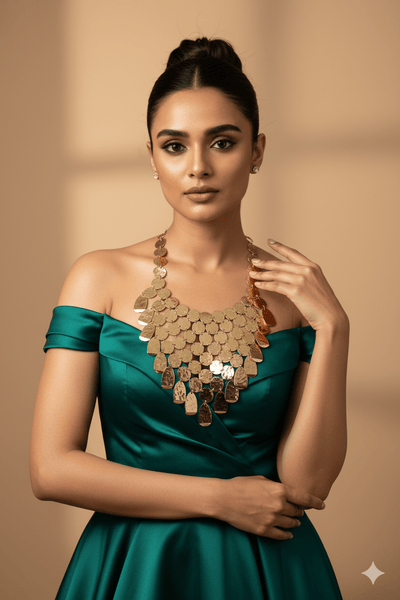 Gold Plated Hammered Coin Bib Necklace | Layered Statement Collar | Anti‑Tarnish Artificial Necklace - Maxiblink