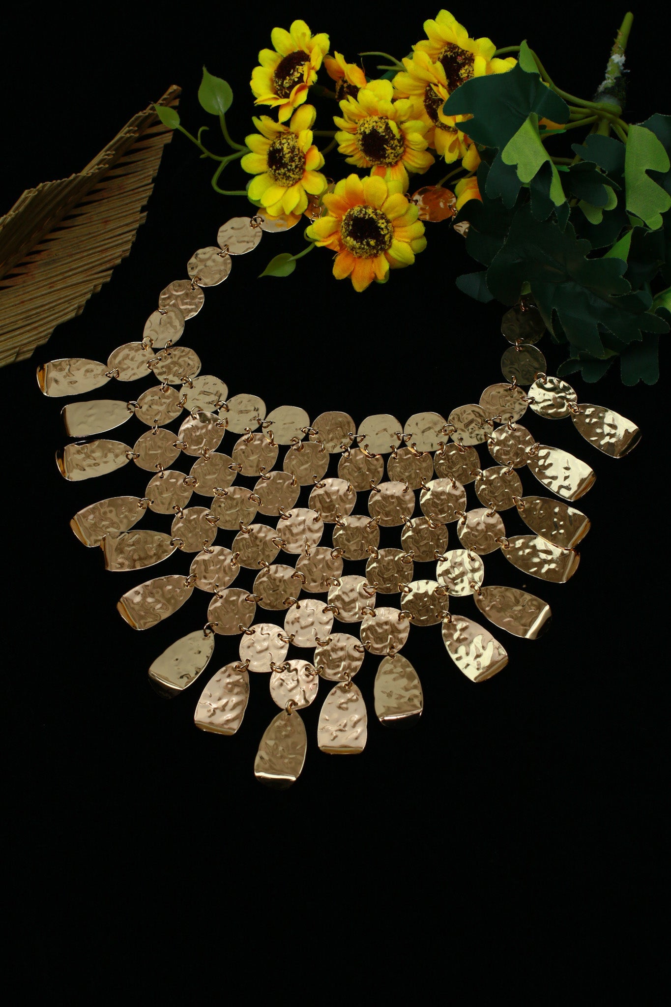 Gold Plated Hammered Coin Bib Necklace | Layered Statement Collar | Anti‑Tarnish Artificial Necklace - Maxiblink