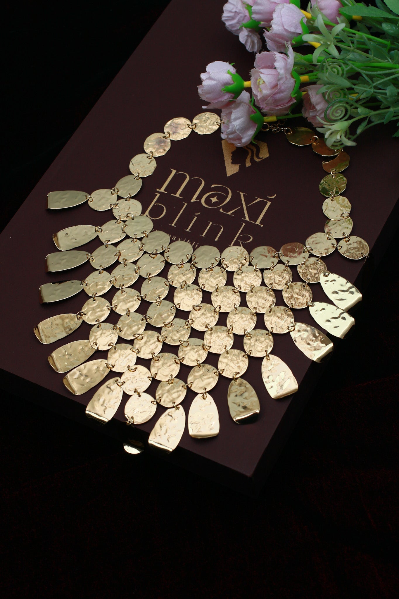 Gold Plated Hammered Coin Bib Necklace | Layered Statement Collar | Anti‑Tarnish Artificial Necklace - Maxiblink