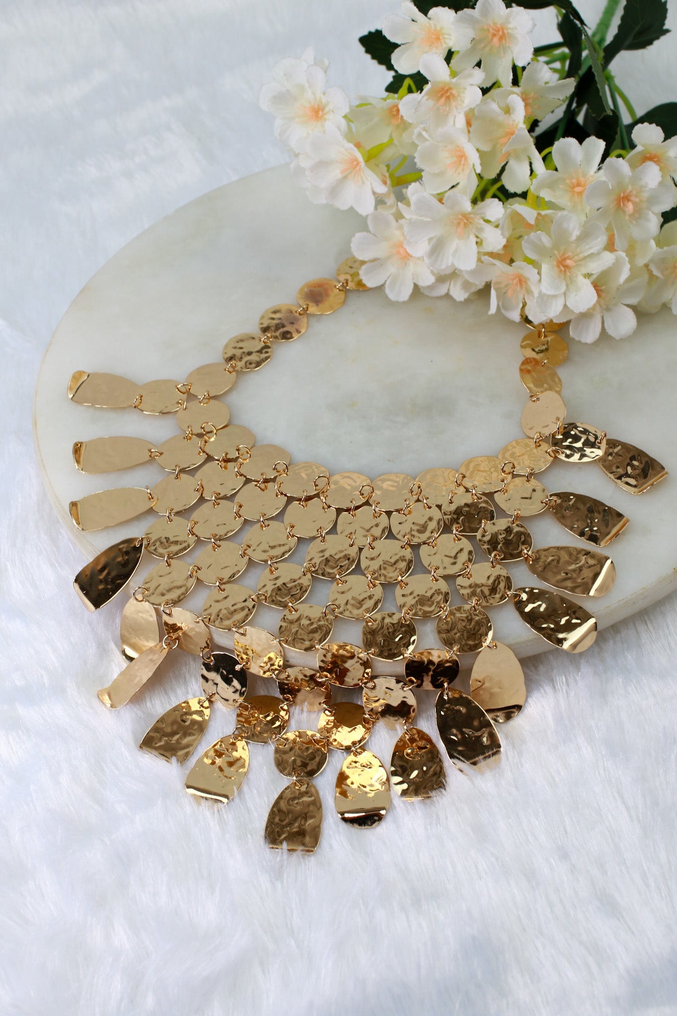 Gold Plated Hammered Coin Bib Necklace | Layered Statement Collar | Anti‑Tarnish Artificial Necklace - Maxiblink