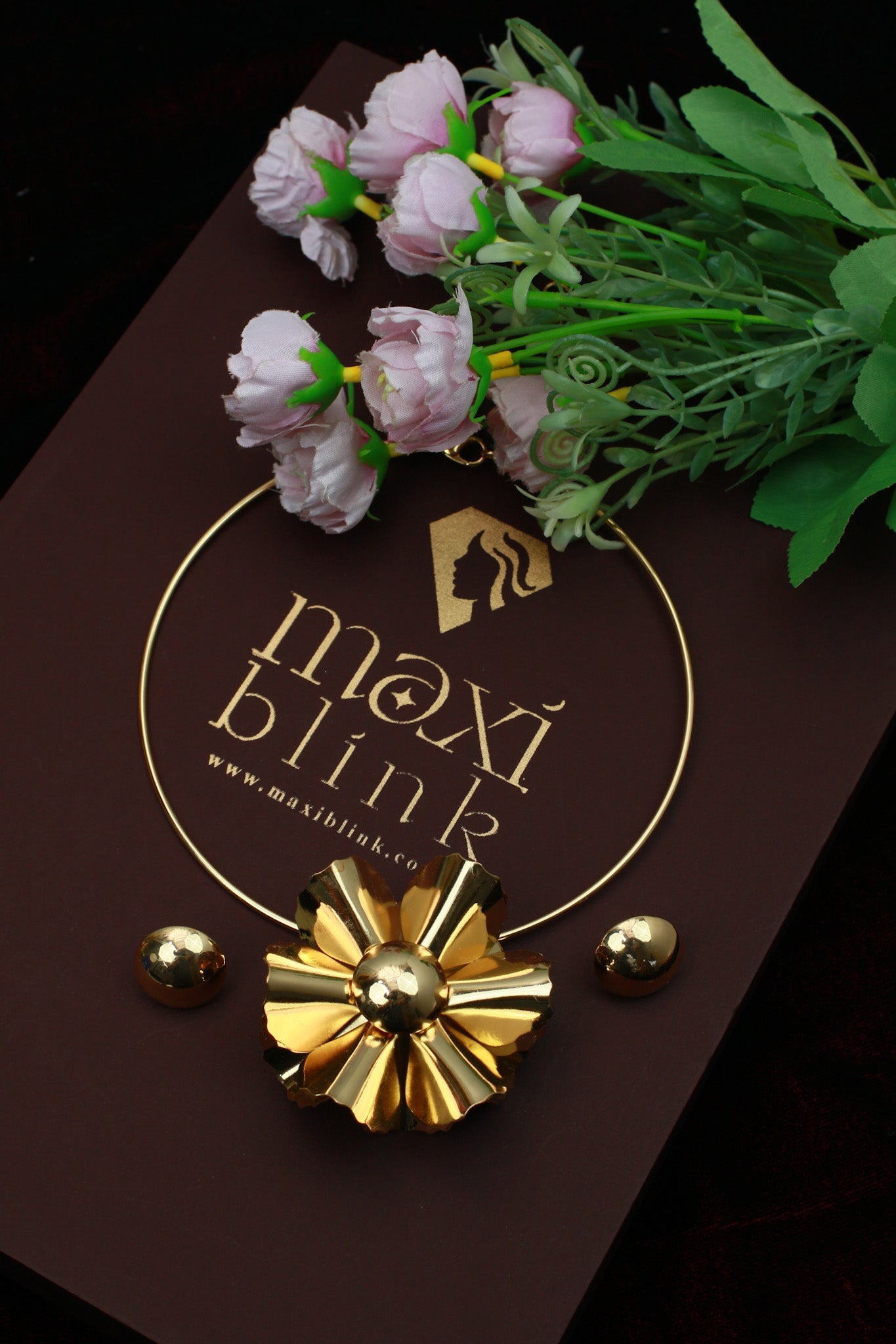 Gold Plated Hansli Necklace Set – Big Sculpted Flower with Golden Studs | Anti‑Tarnish - Maxiblink