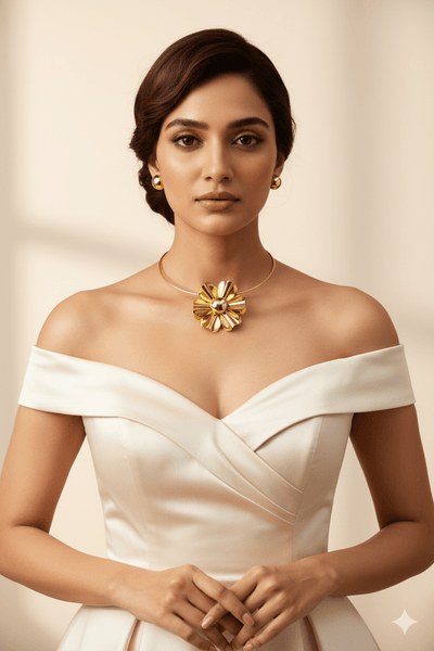 Gold Plated Hansli Necklace Set – Big Sculpted Flower with Golden Studs | Anti‑Tarnish - Maxiblink
