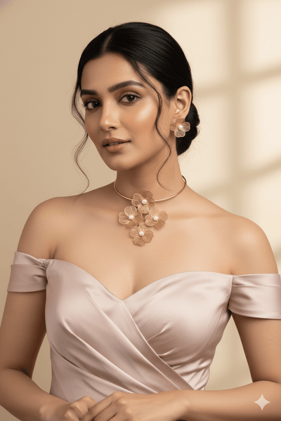 Gold Plated Hansli Necklace Set – Floral Cluster with Pearl Centers & Matching Flower Earrings | Anti‑Tarnish - Maxiblink