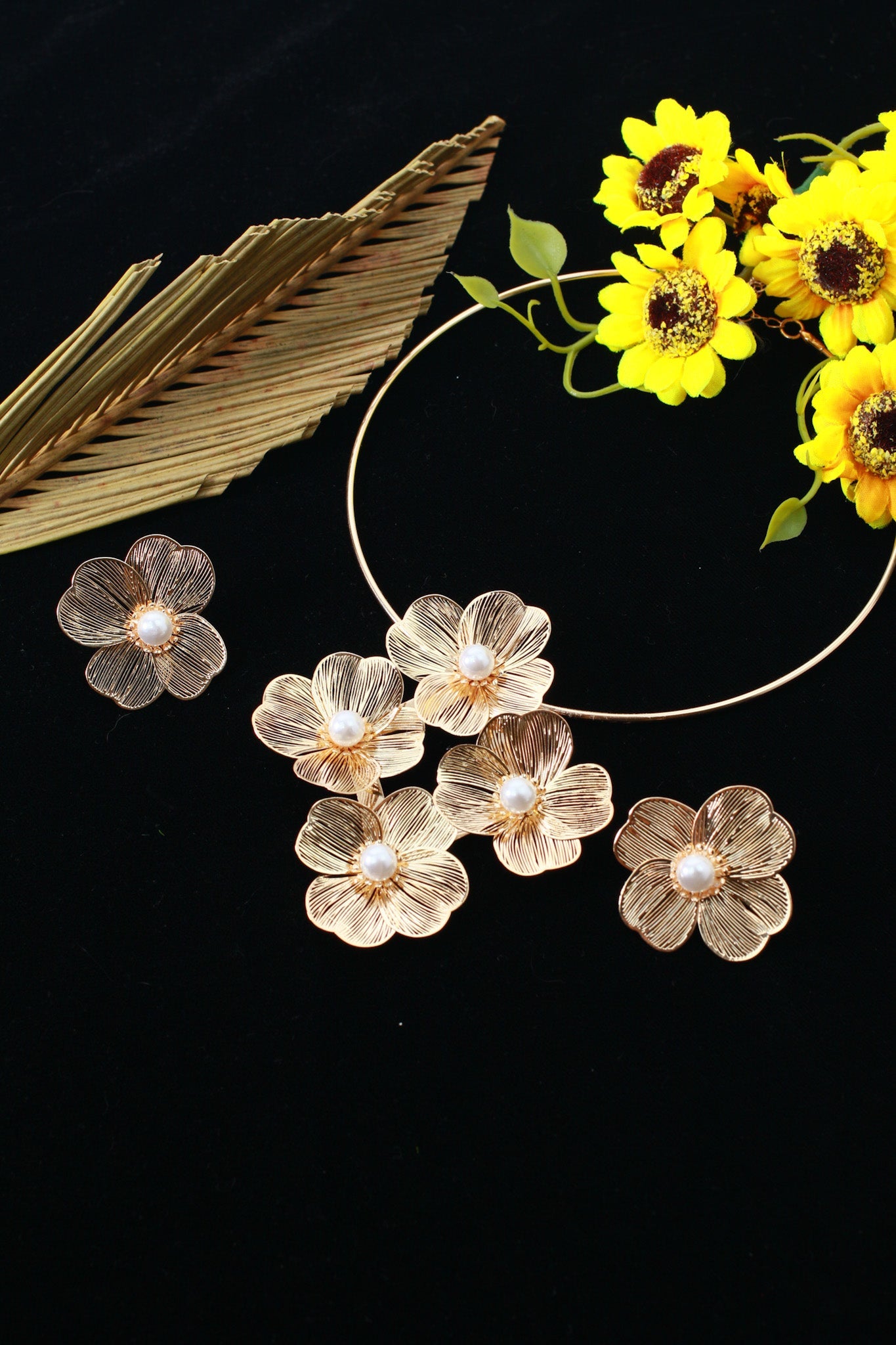 Gold Plated Hansli Necklace Set – Floral Cluster with Pearl Centers & Matching Flower Earrings | Anti‑Tarnish - Maxiblink