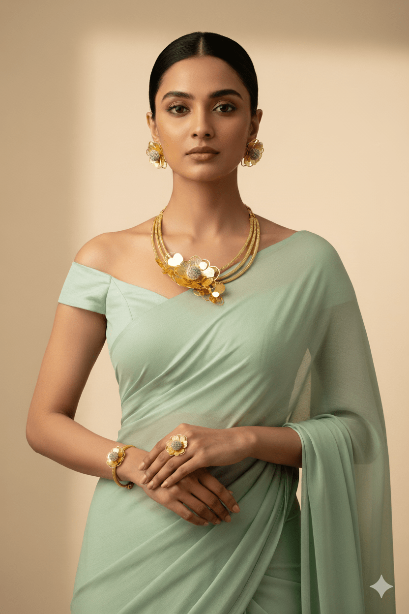 Gold Plated Layered Floral Bridal Jewellery Set with AD Center (Necklace, Earrings, Bracelet, Ring) | Anti‑Tarnish - Maxiblink
