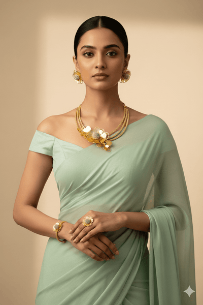 Gold Plated Layered Floral Bridal Jewellery Set with AD Center (Necklace, Earrings, Bracelet, Ring) | Anti‑Tarnish - Maxiblink