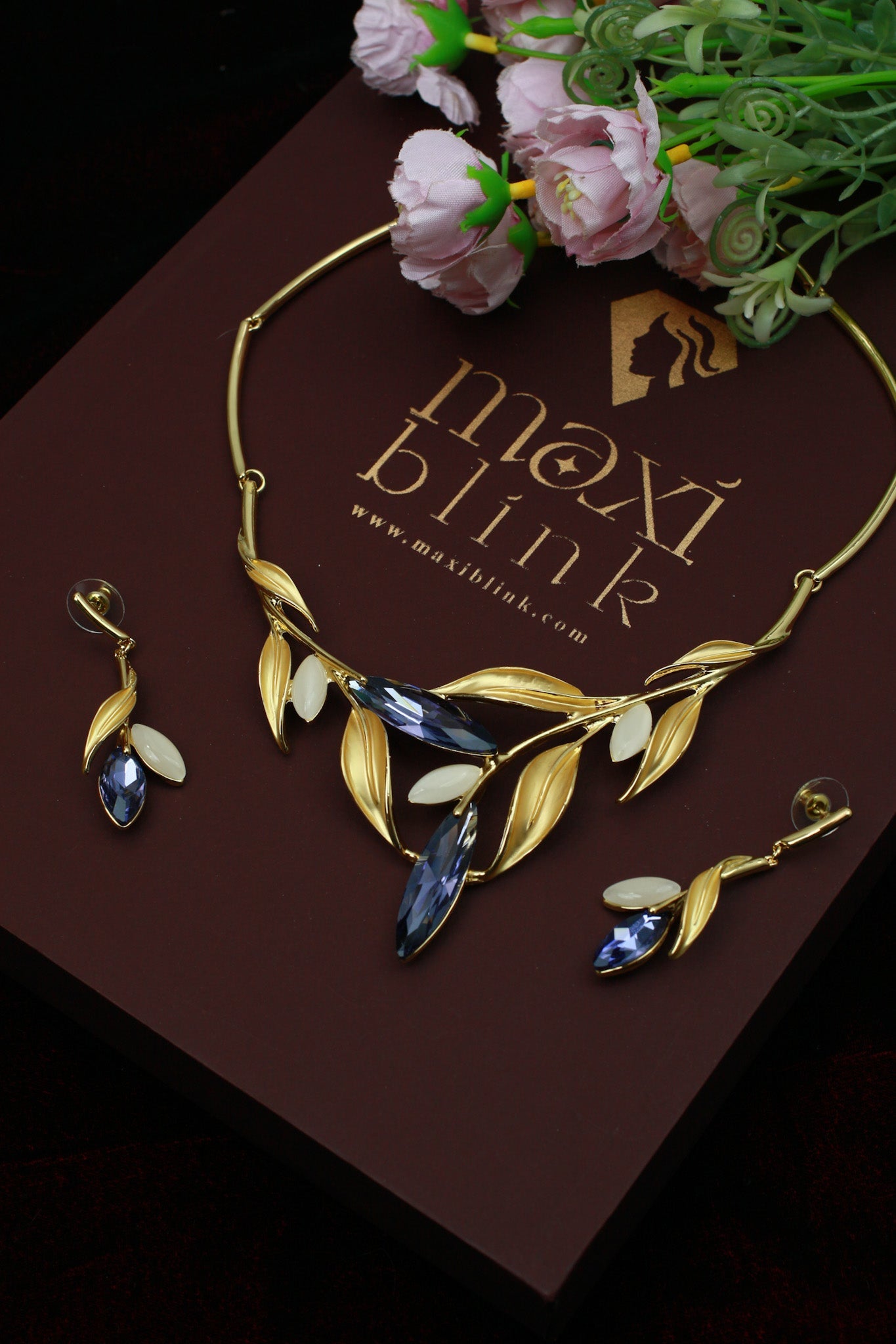 Gold Plated Leaf Motif Necklace Set with Blue Marquise AD Stones | Anti‑Tarnish - Maxiblink