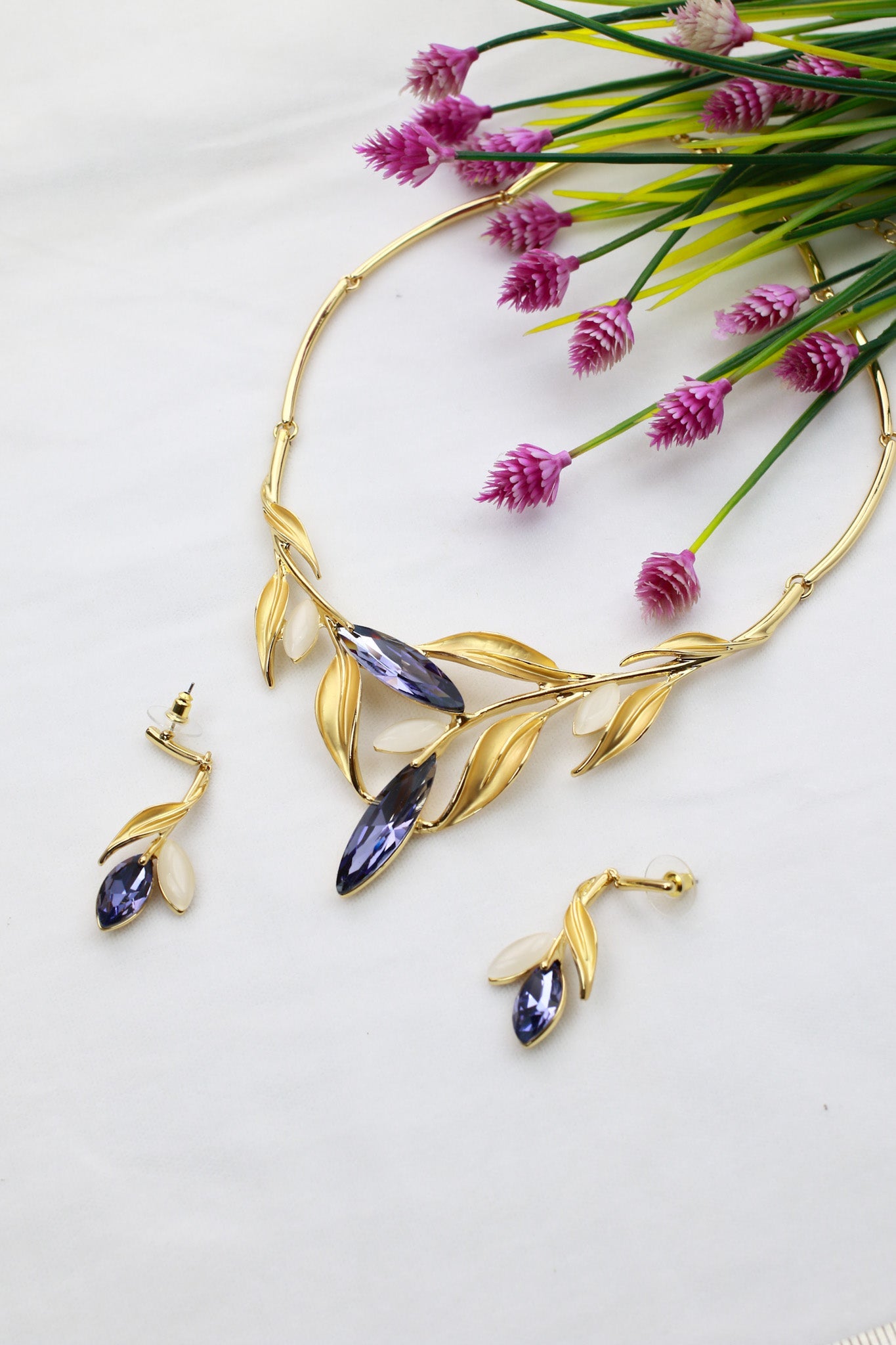 Gold Plated Leaf Motif Necklace Set with Blue Marquise AD Stones | Anti‑Tarnish - Maxiblink