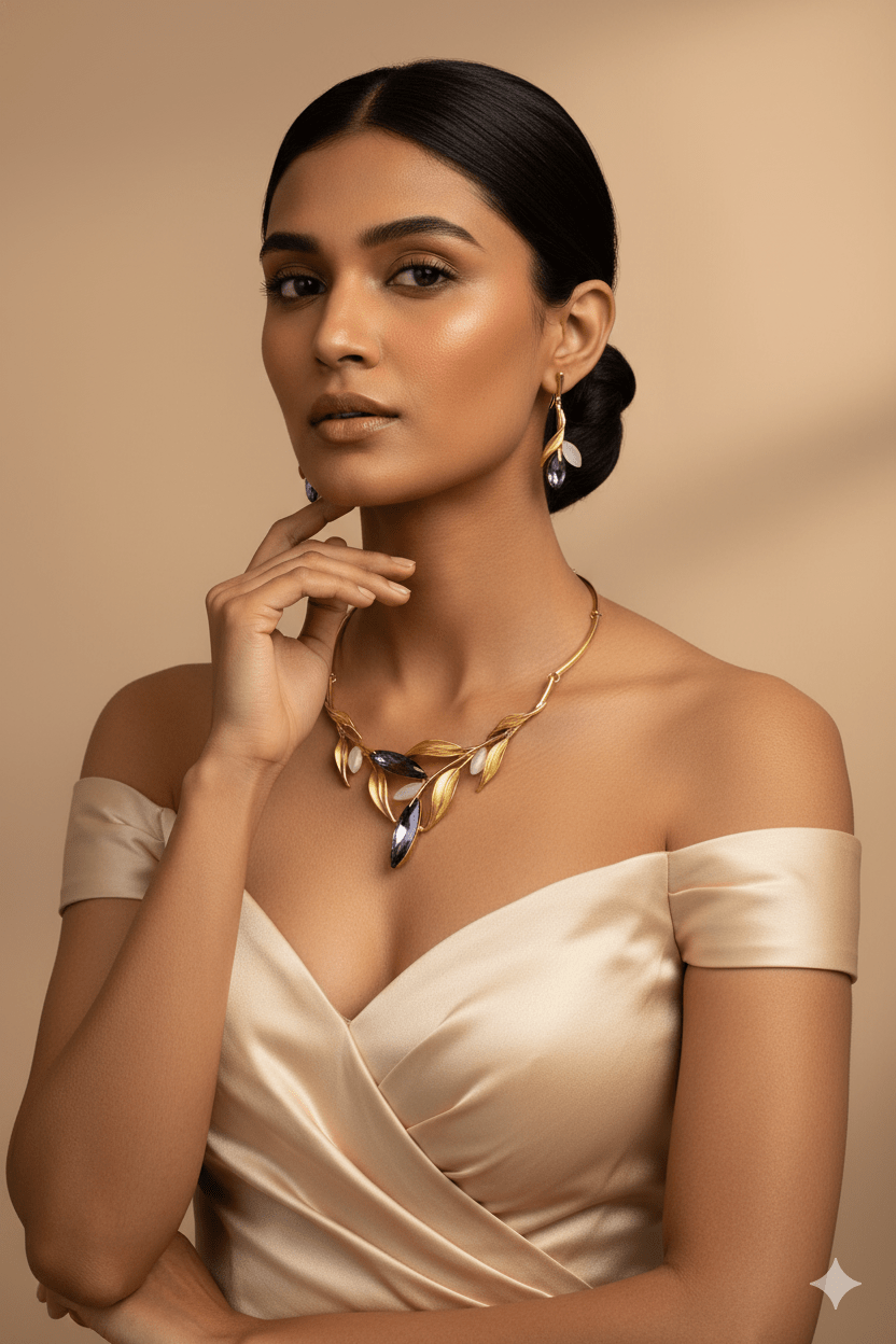 Gold Plated Leaf Motif Necklace Set with Blue Marquise AD Stones | Anti‑Tarnish - Maxiblink