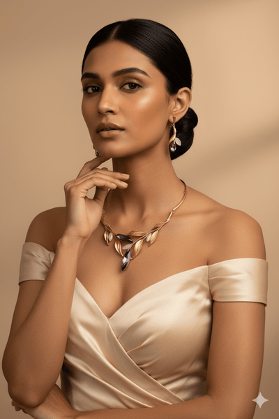 Gold Plated Leaf Motif Necklace Set with Blue Marquise AD Stones | Anti‑Tarnish - Maxiblink