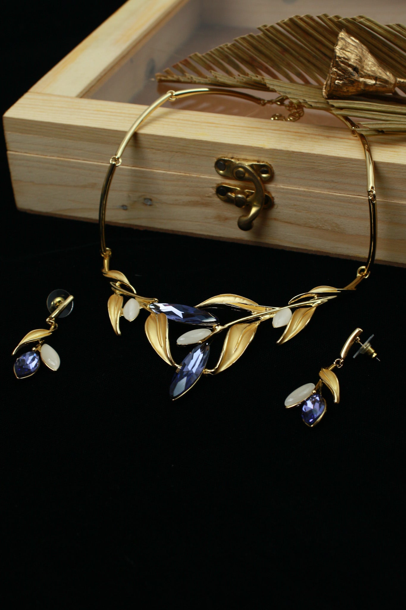Gold Plated Leaf Motif Necklace Set with Blue Marquise AD Stones | Anti‑Tarnish - Maxiblink