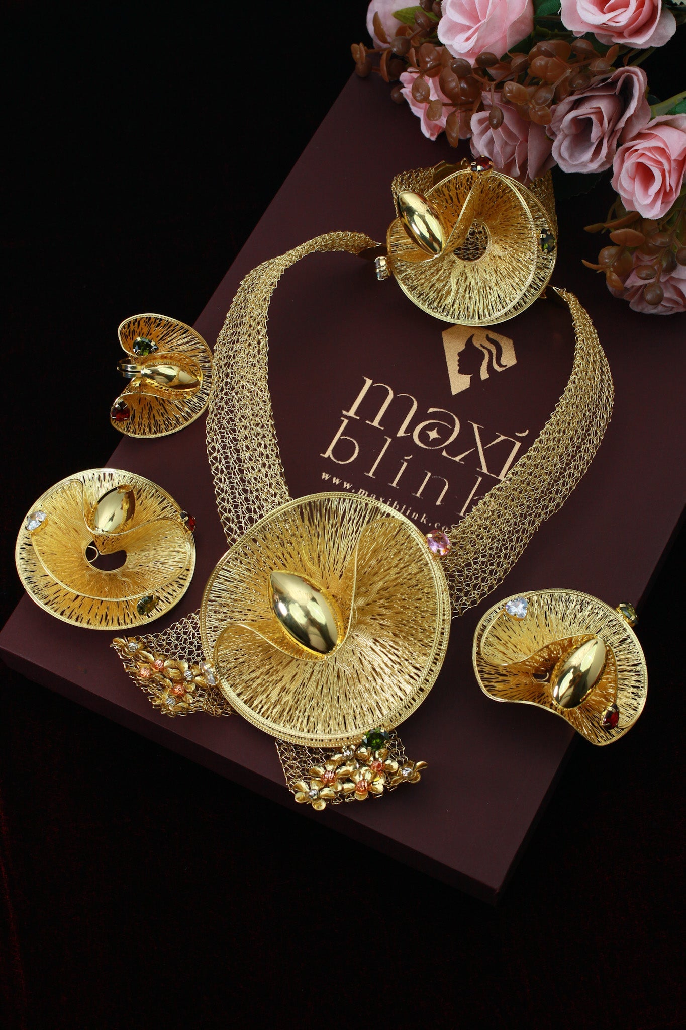 Gold Plated Mesh Circle Statement Jewellery Set with Floral Accent | Anti‑Tarnish - Maxiblink