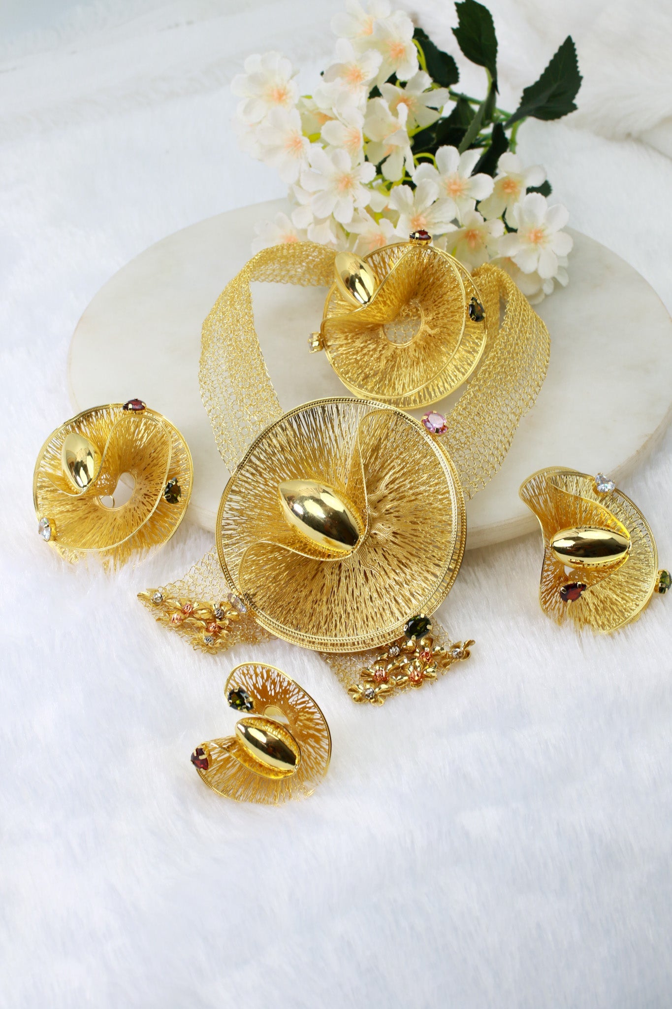 Gold Plated Mesh Circle Statement Jewellery Set with Floral Accent | Anti‑Tarnish - Maxiblink