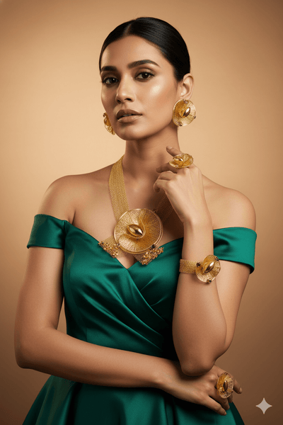Gold Plated Mesh Circle Statement Jewellery Set with Floral Accent | Anti‑Tarnish - Maxiblink