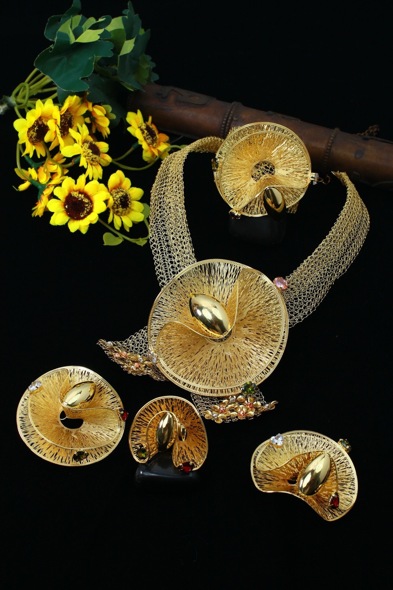 Gold Plated Mesh Circle Statement Jewellery Set with Floral Accent | Anti‑Tarnish - Maxiblink