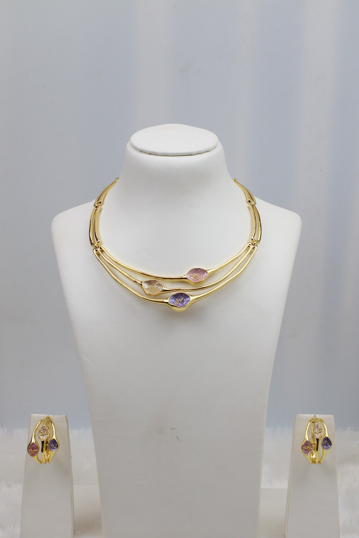 Gold Plated Modern Triple‑Layer Collar Necklace Set with Pastel AD Stones | Anti‑Tarnish - Maxiblink