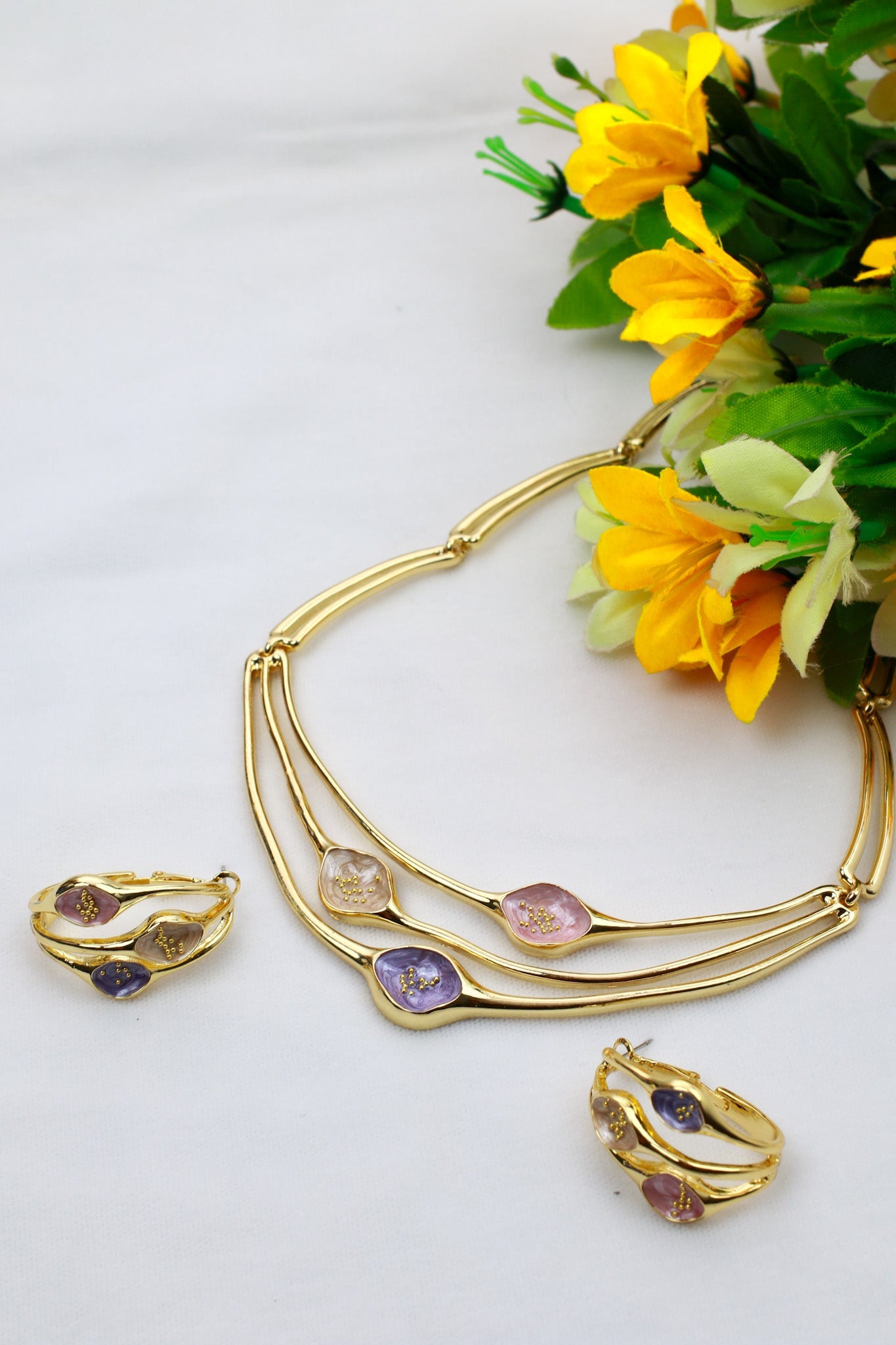Gold Plated Modern Triple‑Layer Collar Necklace Set with Pastel AD Stones | Anti‑Tarnish - Maxiblink